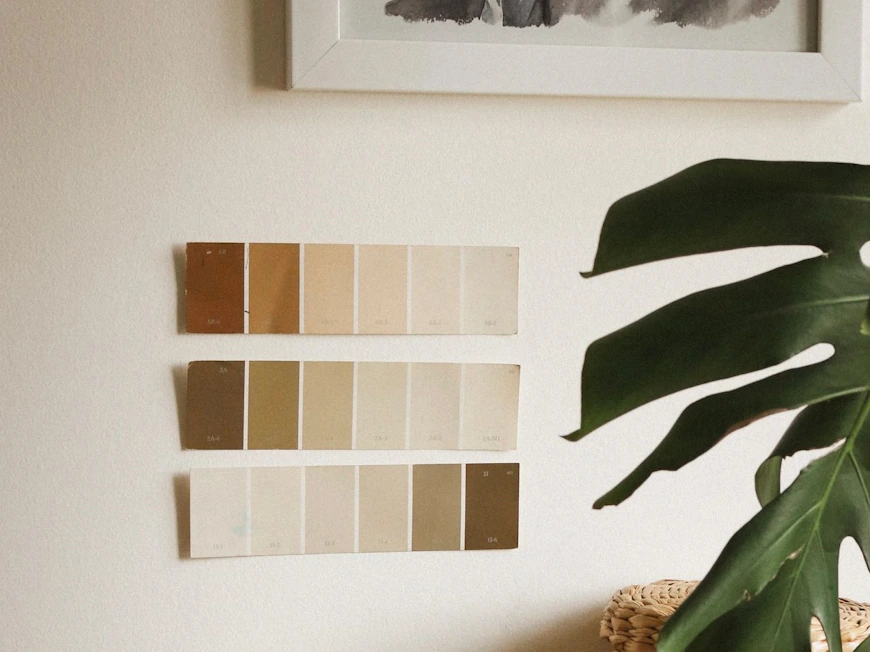 Paint color swatches on an interior wall. Photo by Mona Termos / Pexels